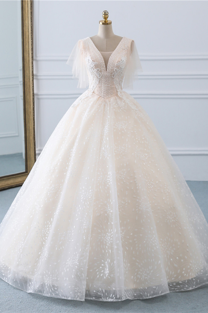 BMbridal Gorgeous Ball Gown V-Neck Tulle Beadings Wedding Dress Rhinestones Appliques Bridal Gowns with Short Sleeves On Sale-BMbridal