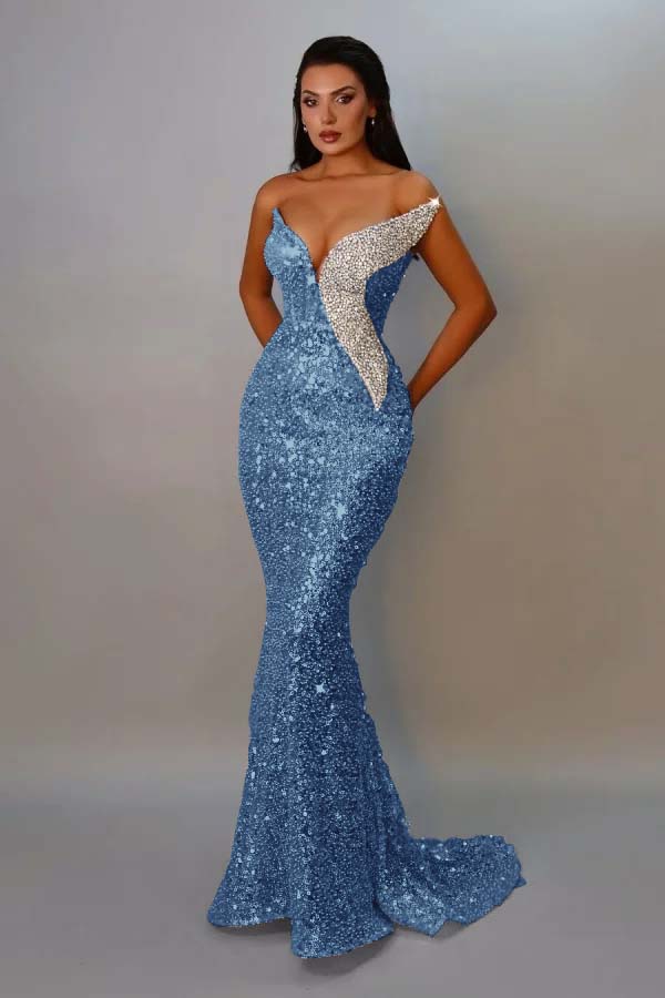 Sequins Strapless Sleeveless Long Mermaid Prom Dress With Pleated