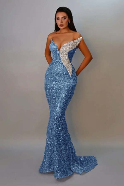 Sequins Strapless Sleeveless Long Mermaid Prom Dress With Pleated