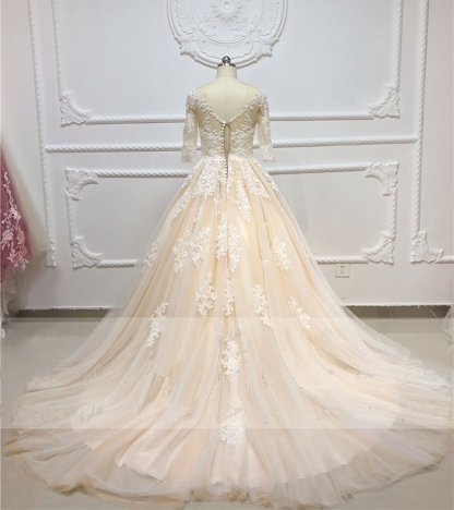BMbridal Gorgeous Champagne Tulle Half Sleeve Long Wedding Dress White Lace Applique Bridal Gowns On Sale-BMbridal