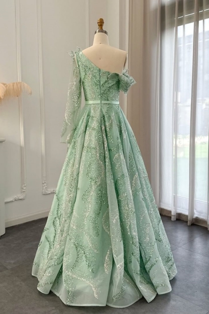 Bmbridal A-Line Champagne Strapless Tulle One Shoulder Prom Dresses with Ruffles