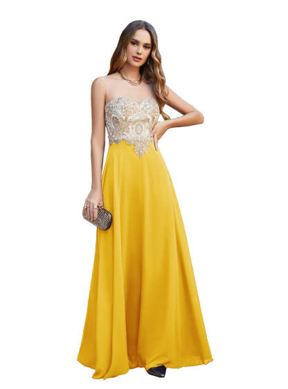 A-line Scoop Chiffon Appliques Floor-Length Dresses Dark Navy-BMbridal