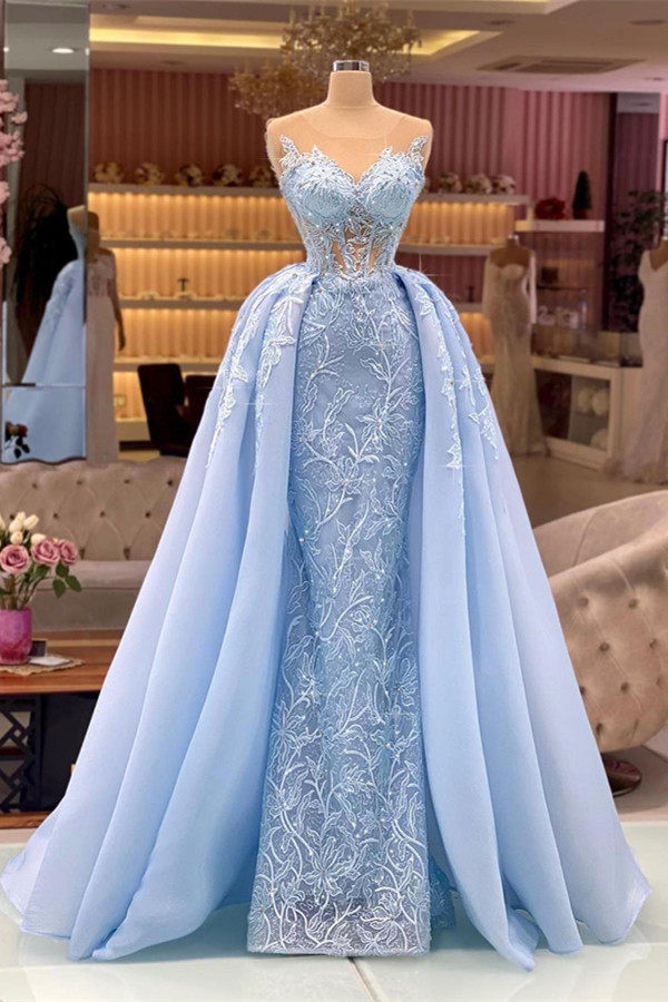 Sky Blue Sleeveless Overskirt Lace Prom Dress Long-BMbridal
