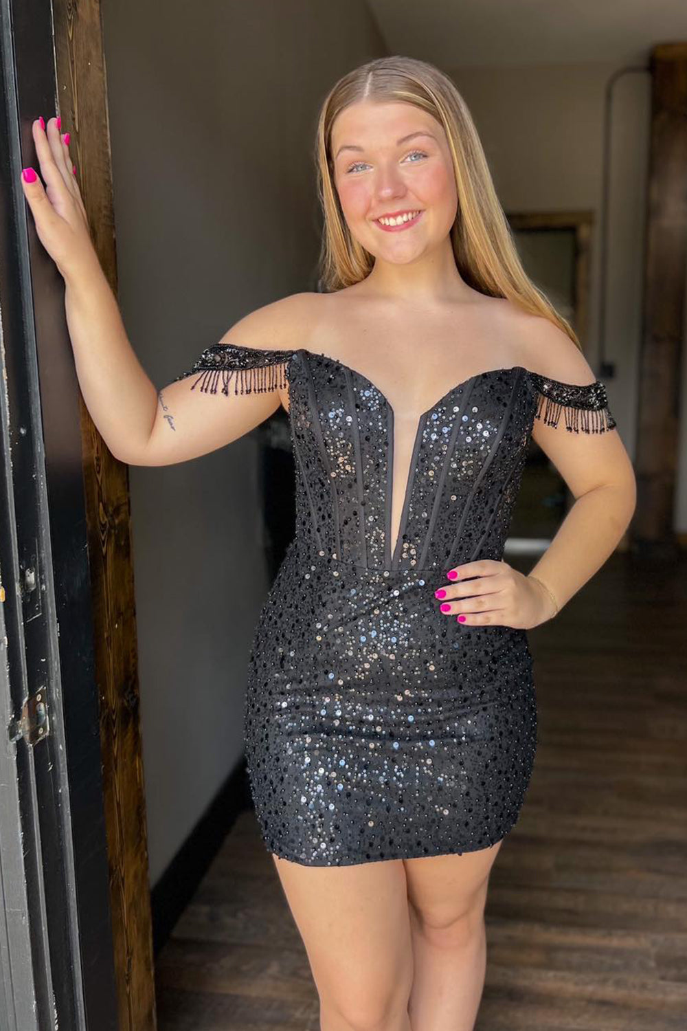 Sparkly Dark Red Beaded Corset Sequins Fringed Tight Homecoming Dress-BMbridal