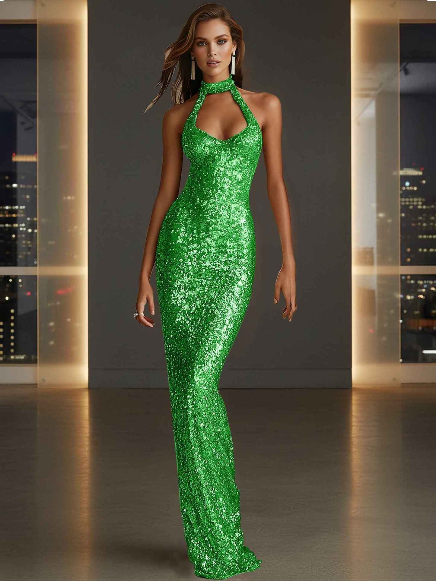 Glamorous Gold Sequin Halter Neck Mermaid Long Prom Dress