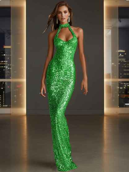 Glamorous Gold Sequin Halter Neck Mermaid Long Prom Dress