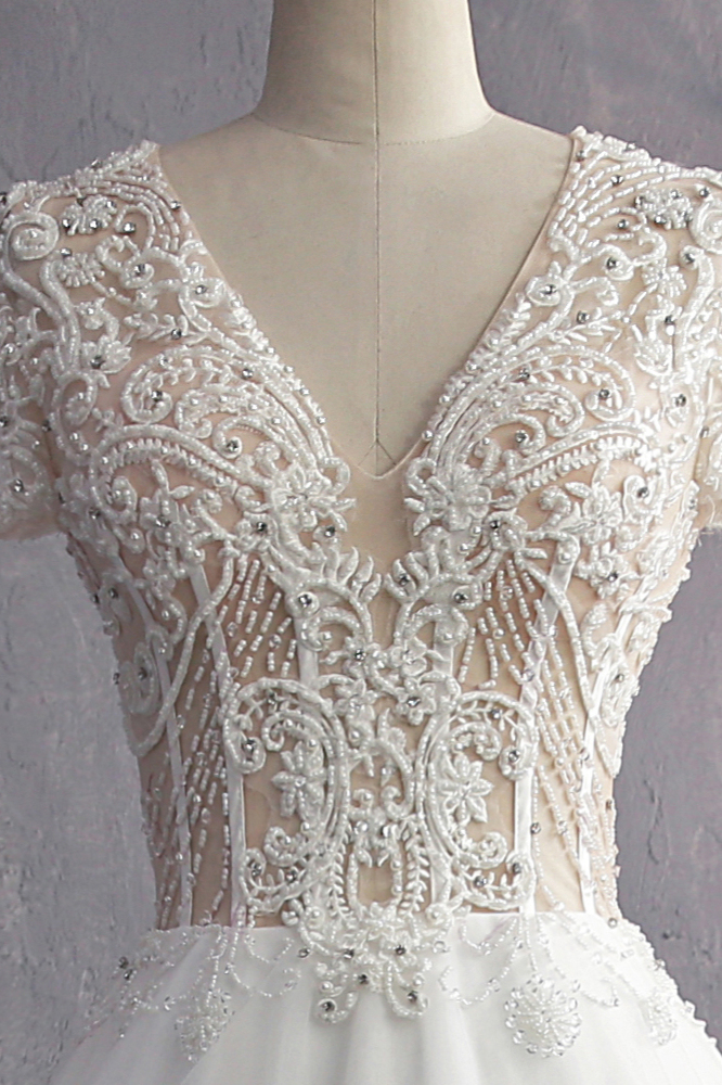 BMbridal Affordable V-Neck White Tulle Wedding Dress Short Sleeves Lace Appliques Bridal Gowns with Beadings-BMbridal