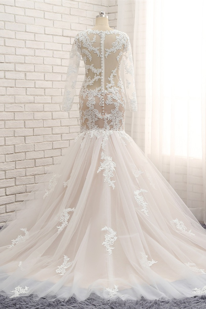 BMbridal Elegant Longsleeves Jewel Mermaid Wedding Dresses Champagne Tulle Bridal Gowns With Appliques On Sale-BMbridal