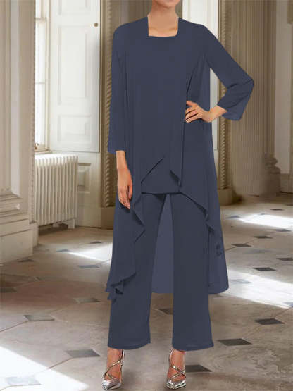 Ankle-Length Mother of the Bride Pantsuits with Jacket in Chiffon Round Neck and 3/4 Sleeves-BMbridal