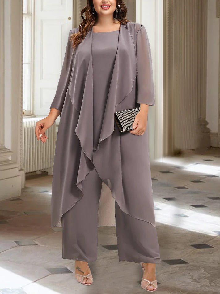 Ankle-Length Mother of the Bride Pantsuits with Jacket in Chiffon Round Neck and 3/4 Sleeves-BMbridal