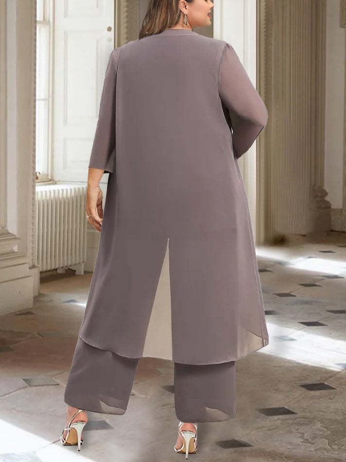 Ankle-Length Mother of the Bride Pantsuits with Jacket in Chiffon Round Neck and 3/4 Sleeves-BMbridal