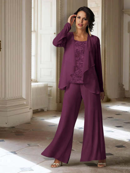 Long-Sleeve Chiffon Pantsuit with Jacket for the Mother of the Bride-BMbridal