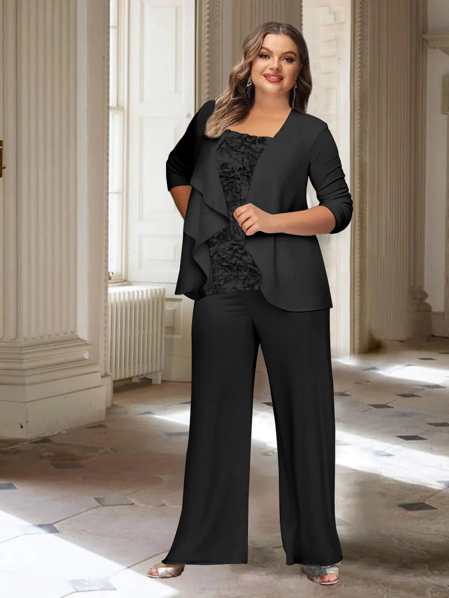 Plus Size Mother of the Bride Chiffon Pantsuit with Long Sleeves and Jacket-BMbridal