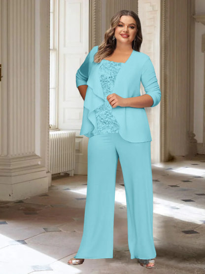 Plus Size Mother of the Bride Chiffon Pantsuit with Long Sleeves and Jacket-BMbridal