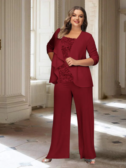 Plus Size Mother of the Bride Chiffon Pantsuit with Long Sleeves and Jacket-BMbridal