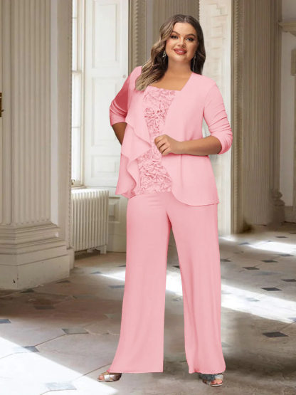 Plus Size Mother of the Bride Chiffon Pantsuit with Long Sleeves and Jacket-BMbridal