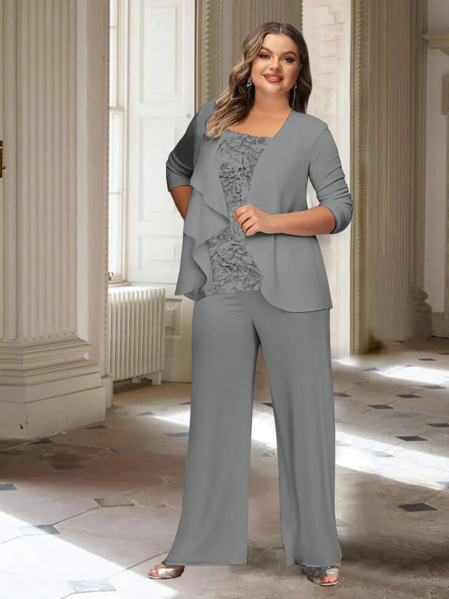 Plus Size Mother of the Bride Chiffon Pantsuit with Long Sleeves and Jacket-BMbridal