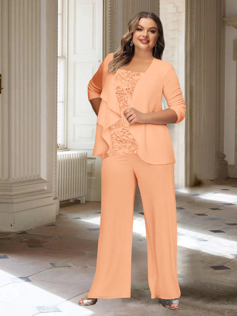Plus Size Mother of the Bride Chiffon Pantsuit with Long Sleeves and Jacket-BMbridal