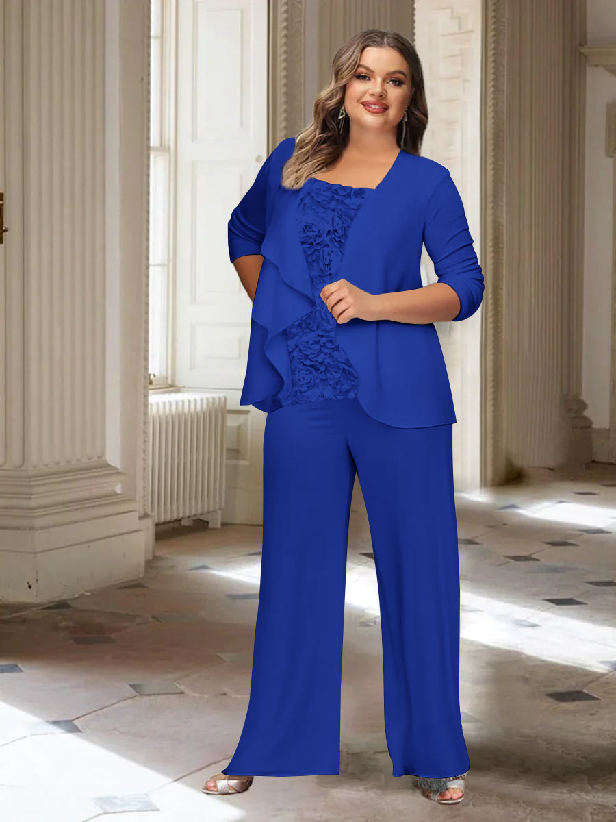 Plus Size Mother of the Bride Chiffon Pantsuit with Long Sleeves and Jacket-BMbridal