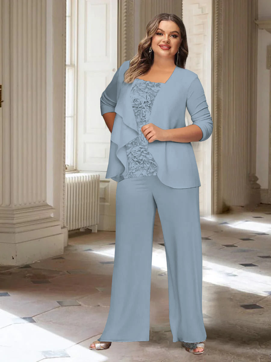 Plus Size Mother of the Bride Chiffon Pantsuit with Long Sleeves and Jacket-BMbridal