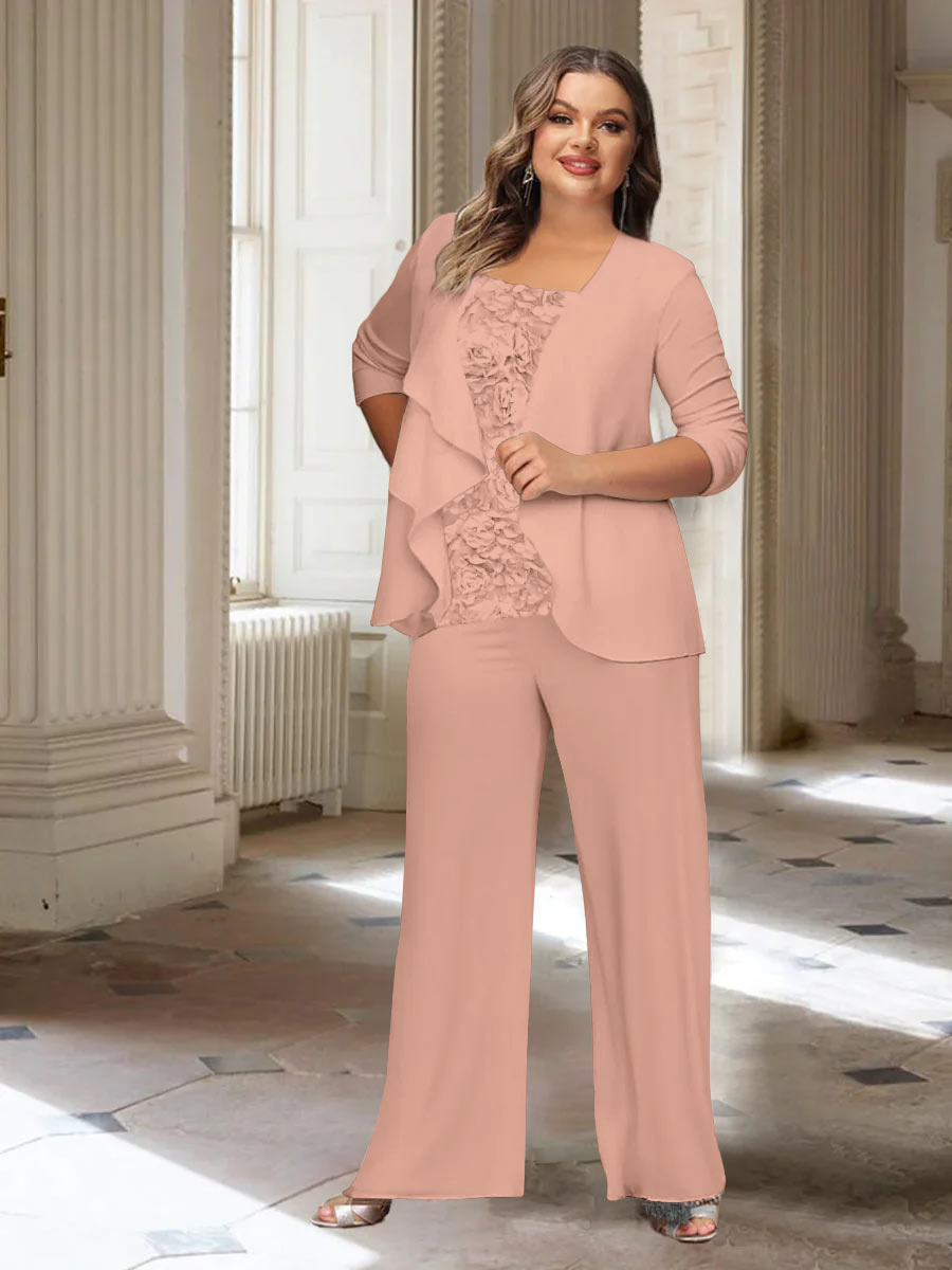 Plus Size Mother of the Bride Chiffon Pantsuit with Long Sleeves and Jacket-BMbridal