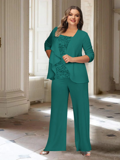 Plus Size Mother of the Bride Chiffon Pantsuit with Long Sleeves and Jacket-BMbridal