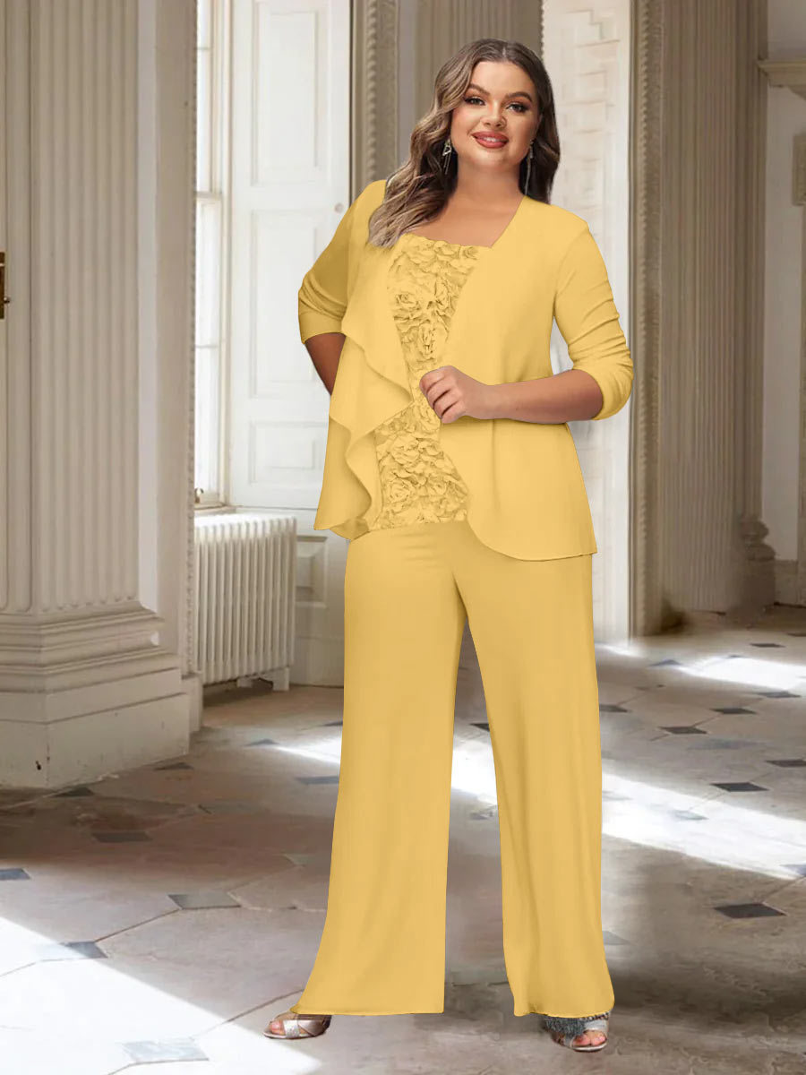 Plus Size Mother of the Bride Chiffon Pantsuit with Long Sleeves and Jacket-BMbridal