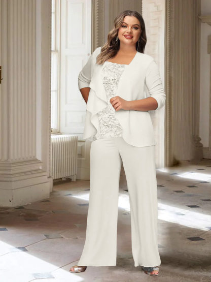 Plus Size Mother of the Bride Chiffon Pantsuit with Long Sleeves and Jacket-BMbridal