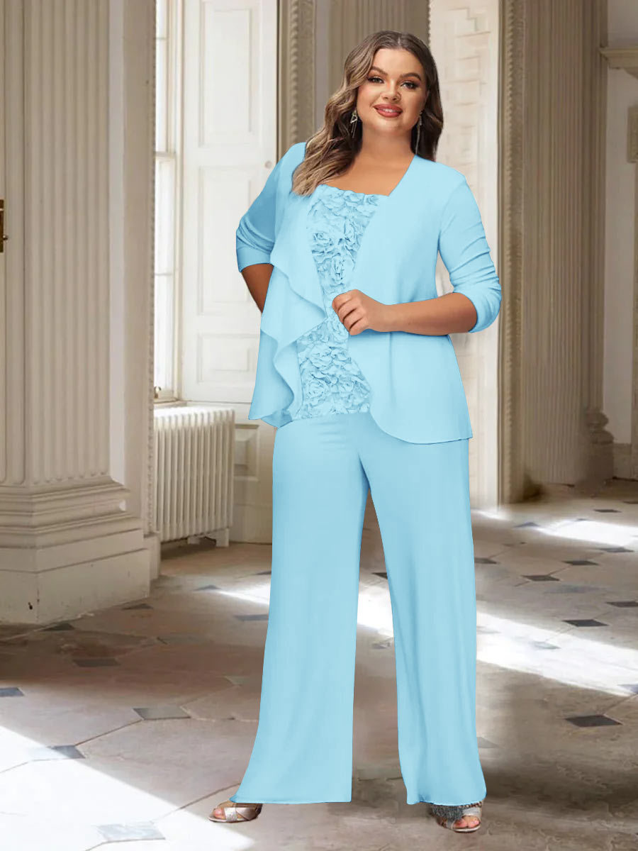 Plus Size Mother of the Bride Chiffon Pantsuit with Long Sleeves and Jacket-BMbridal