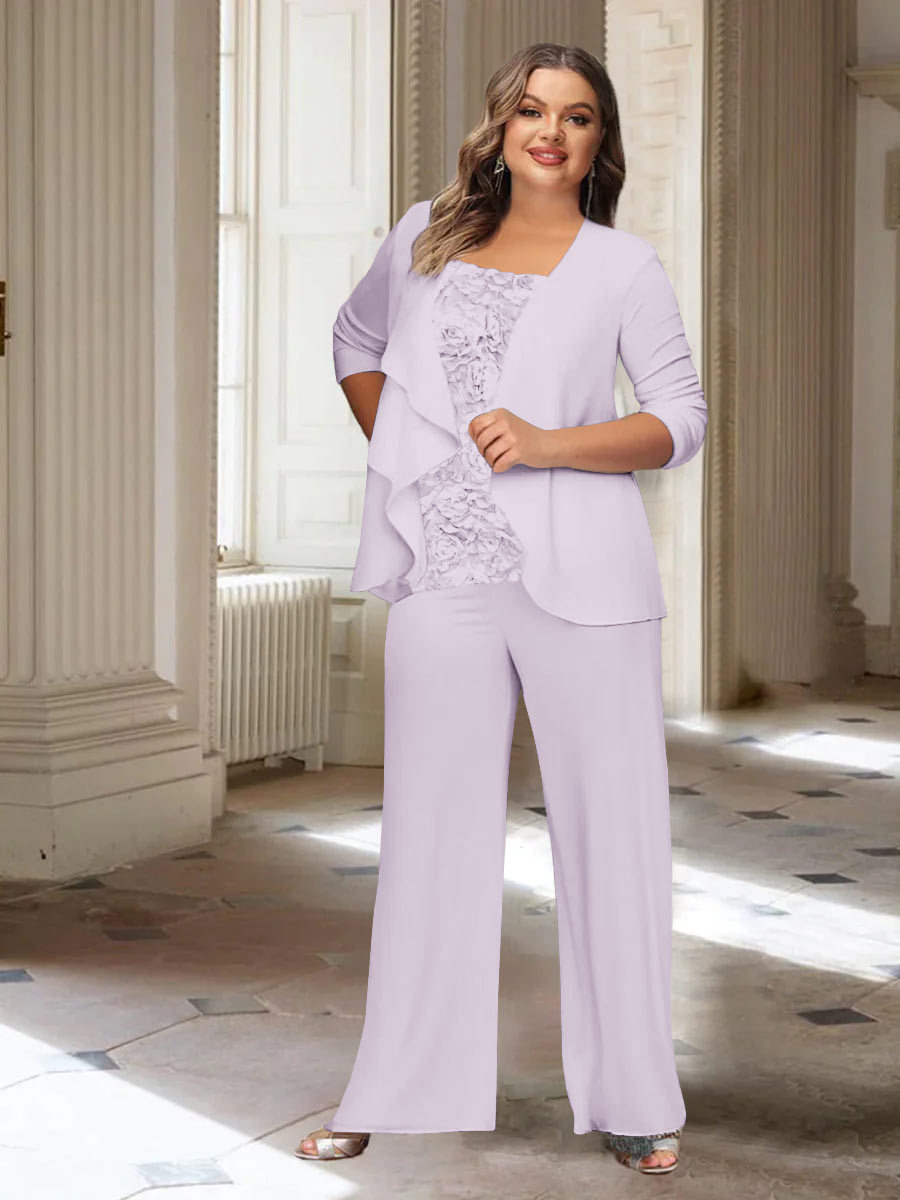 Plus Size Mother of the Bride Chiffon Pantsuit with Long Sleeves and Jacket-BMbridal