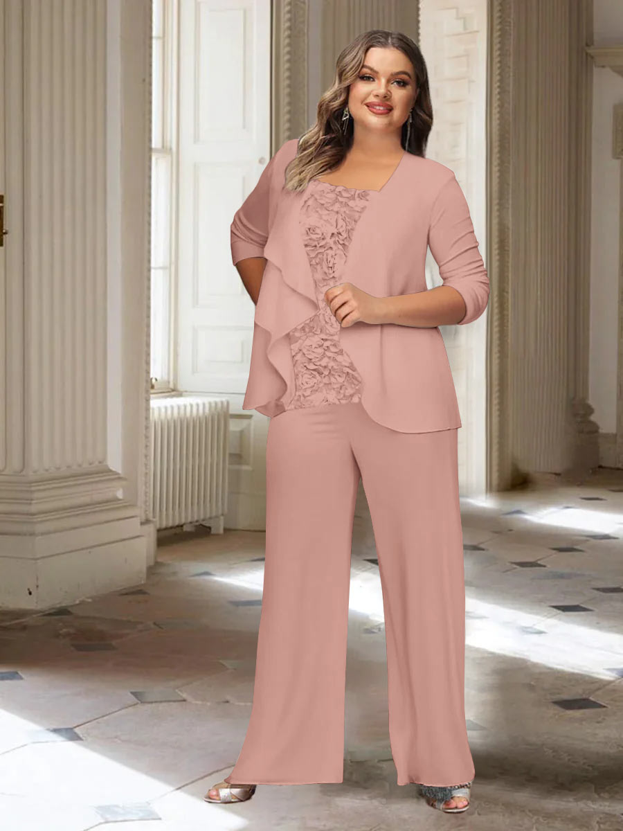 Plus Size Mother of the Bride Chiffon Pantsuit with Long Sleeves and Jacket-BMbridal