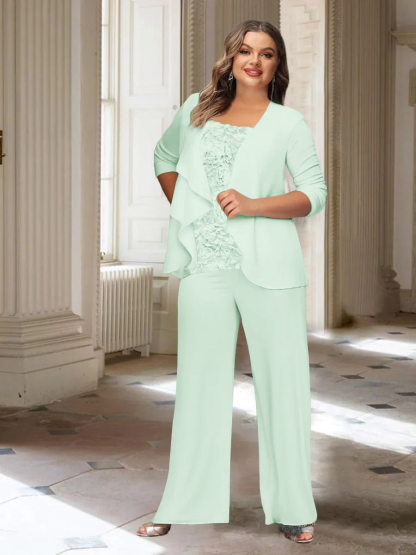 Plus Size Mother of the Bride Chiffon Pantsuit with Long Sleeves and Jacket-BMbridal
