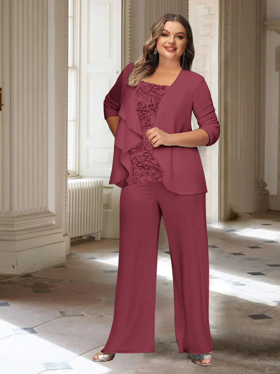 Plus Size Mother of the Bride Chiffon Pantsuit with Long Sleeves and Jacket-BMbridal