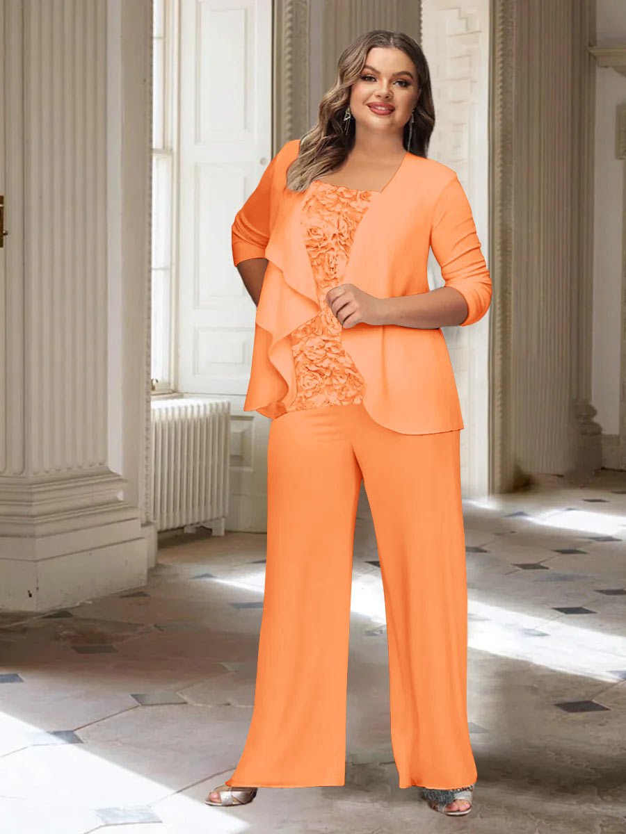 Plus Size Mother of the Bride Chiffon Pantsuit with Long Sleeves and Jacket-BMbridal