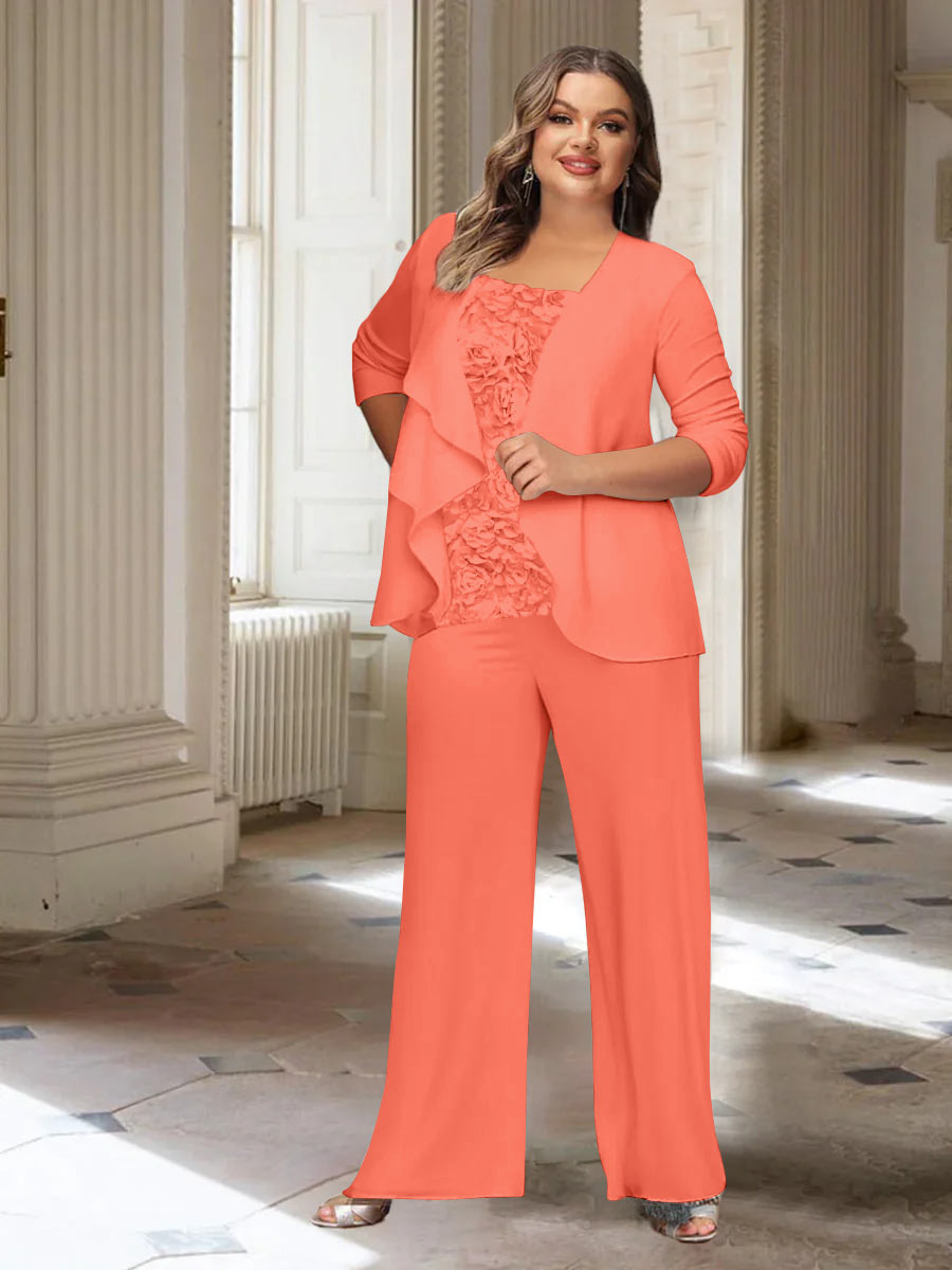 Plus Size Mother of the Bride Chiffon Pantsuit with Long Sleeves and Jacket-BMbridal