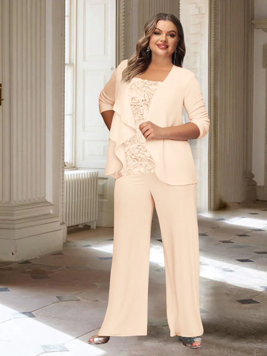 Plus Size Mother of the Bride Chiffon Pantsuit with Long Sleeves and Jacket-BMbridal