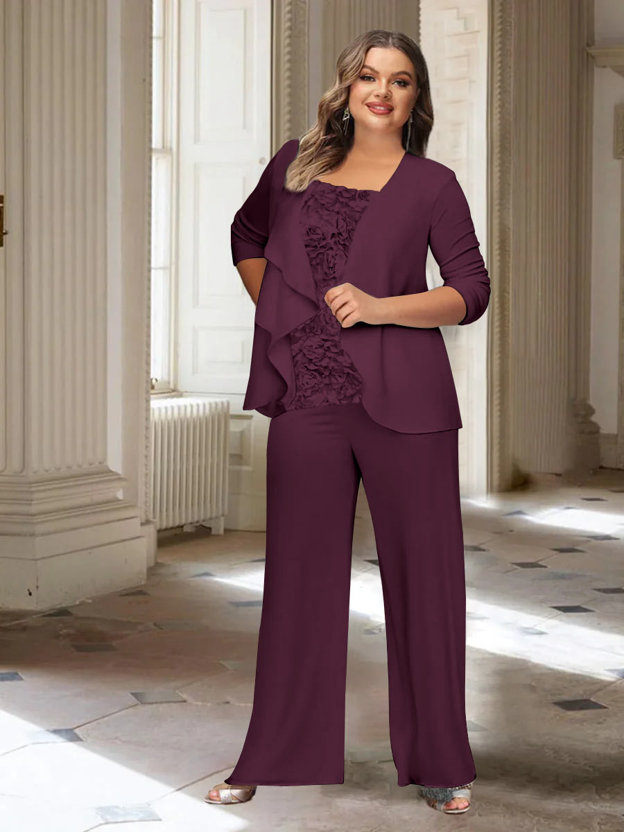 Plus Size Mother of the Bride Chiffon Pantsuit with Long Sleeves and Jacket-BMbridal