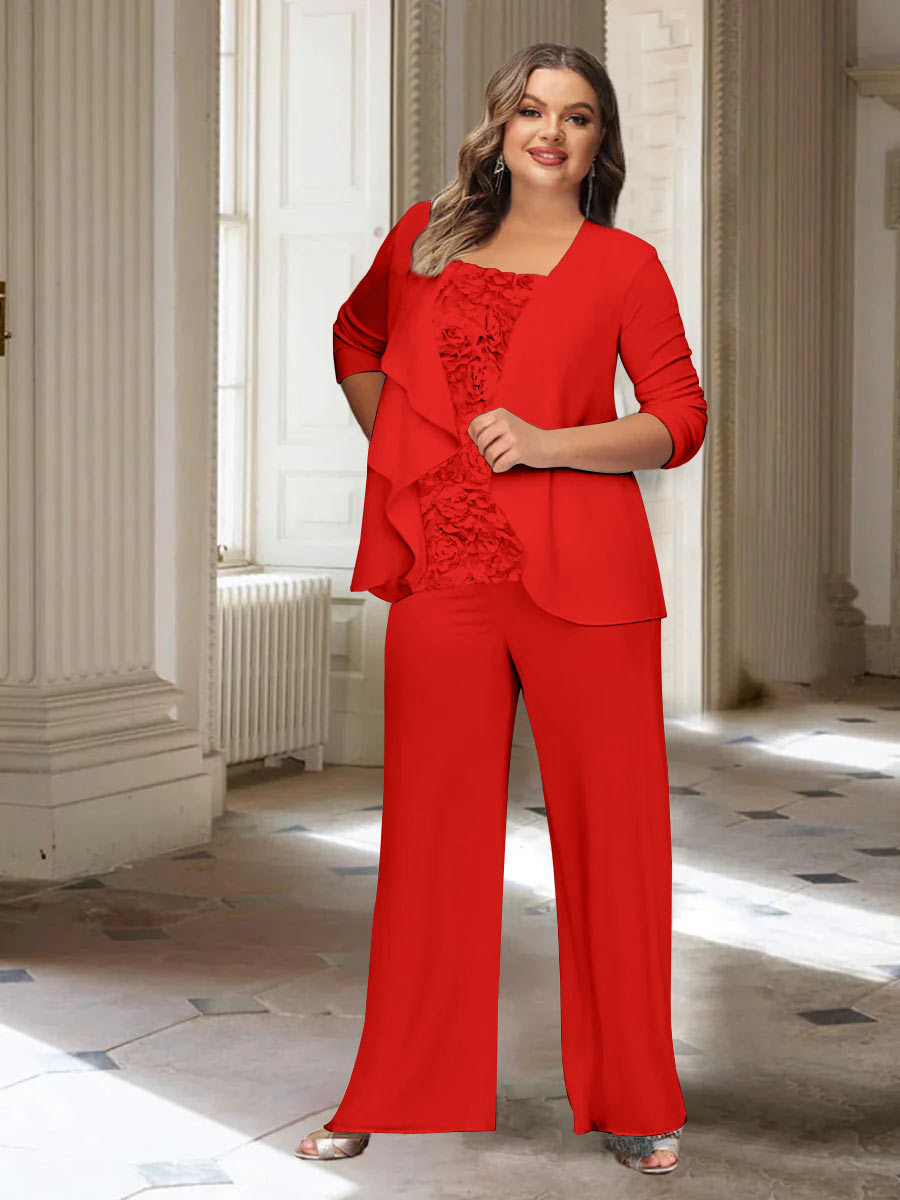 Plus Size Mother of the Bride Chiffon Pantsuit with Long Sleeves and Jacket-BMbridal