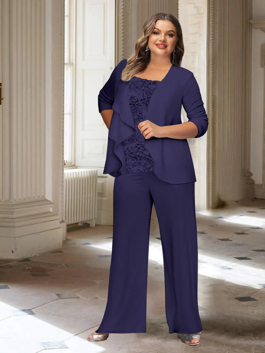 Plus Size Mother of the Bride Chiffon Pantsuit with Long Sleeves and Jacket-BMbridal