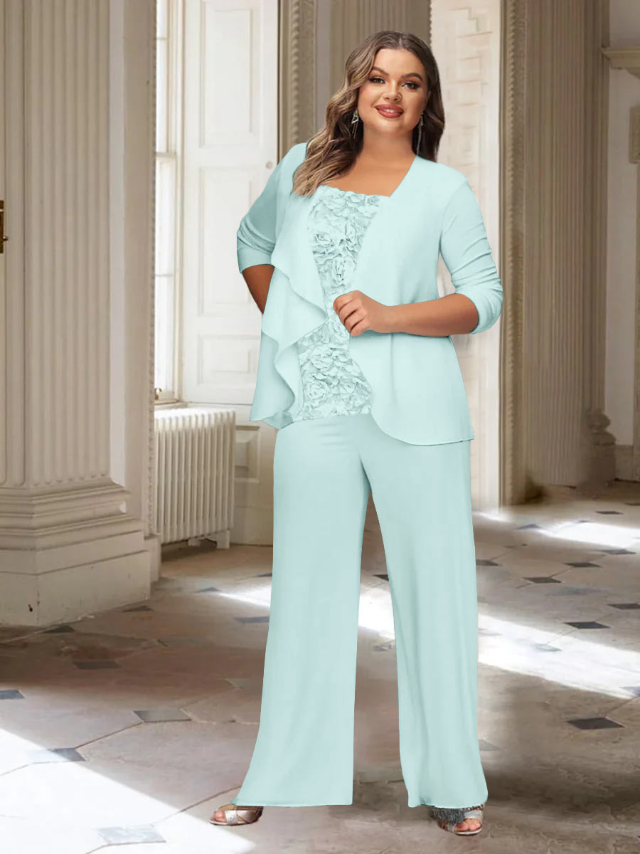 Plus Size Mother of the Bride Chiffon Pantsuit with Long Sleeves and Jacket-BMbridal