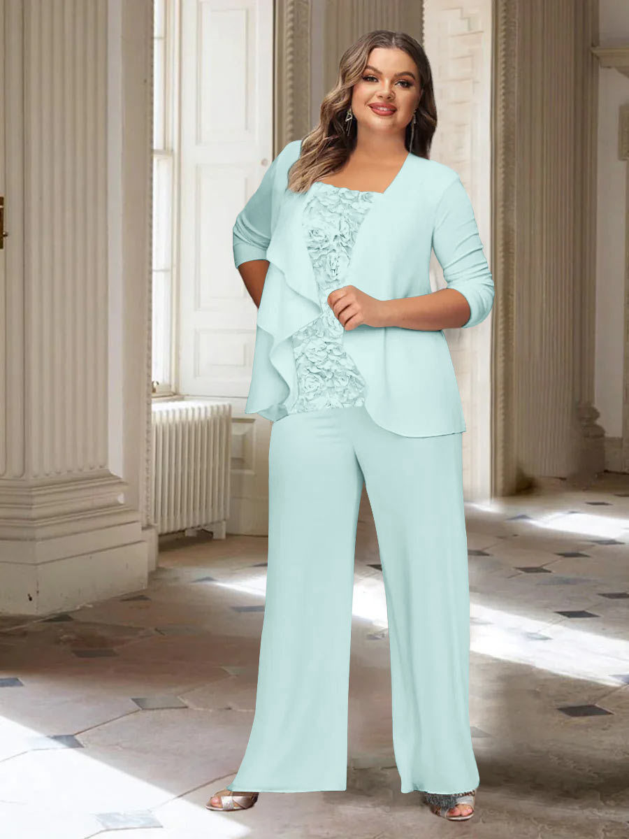 Plus Size Mother of the Bride Chiffon Pantsuit with Long Sleeves and Jacket-BMbridal