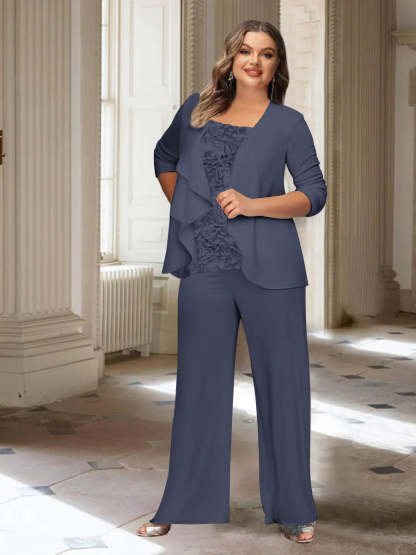 Plus Size Mother of the Bride Chiffon Pantsuit with Long Sleeves and Jacket-BMbridal