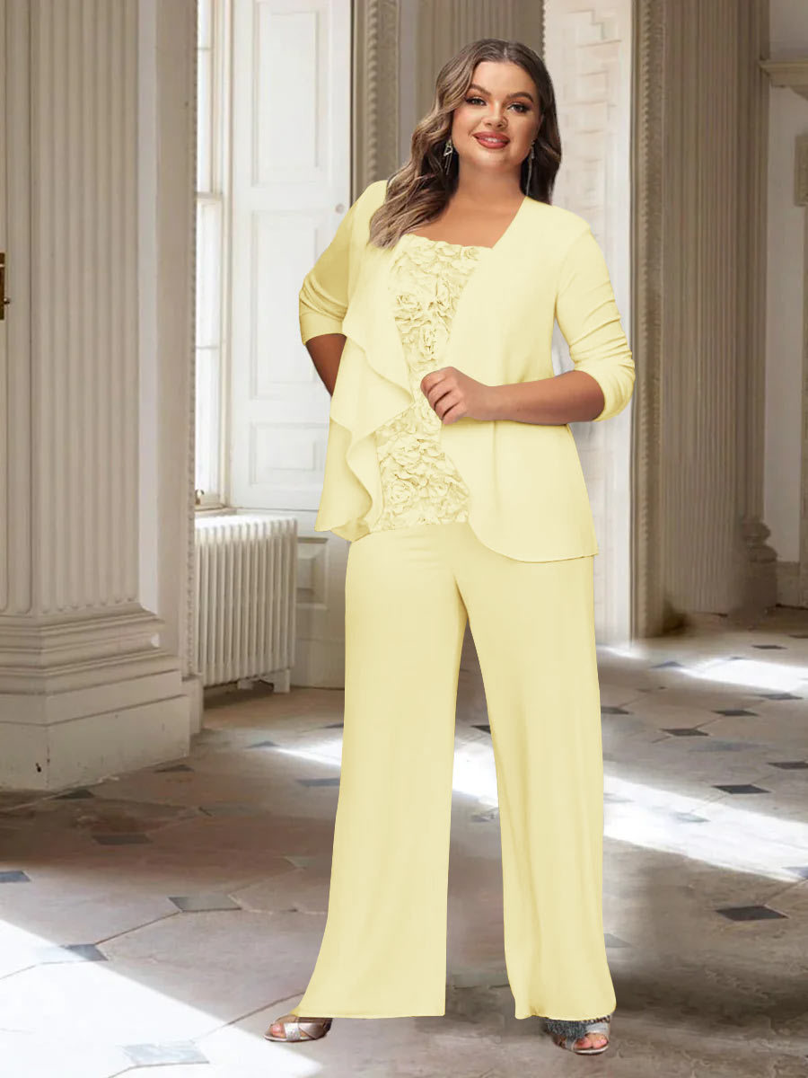 Plus Size Mother of the Bride Chiffon Pantsuit with Long Sleeves and Jacket-BMbridal