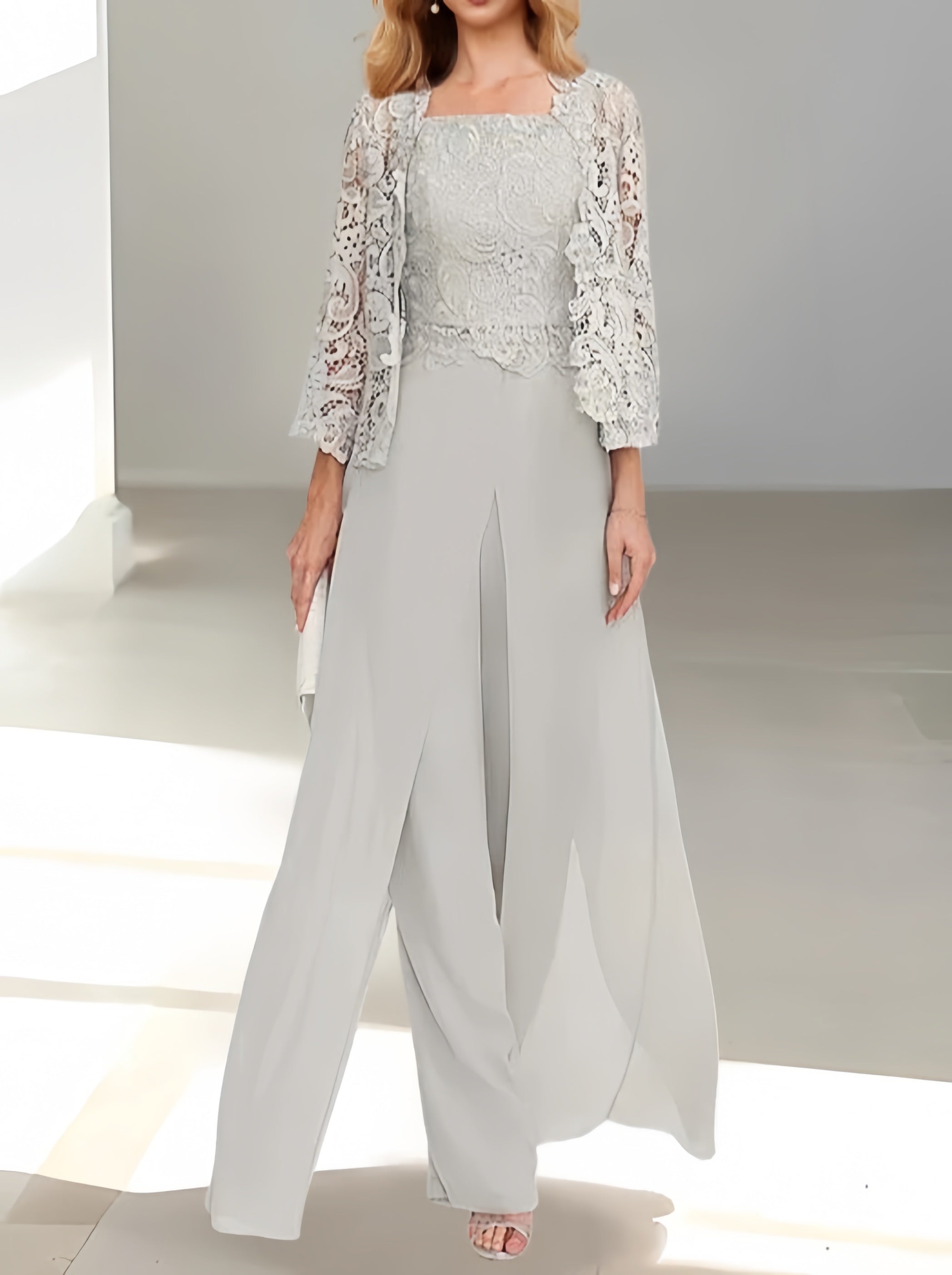Floor-Length Square Neck Chiffon Mother of the Bride Pantsuit with Jacket & Side Split-BMbridal