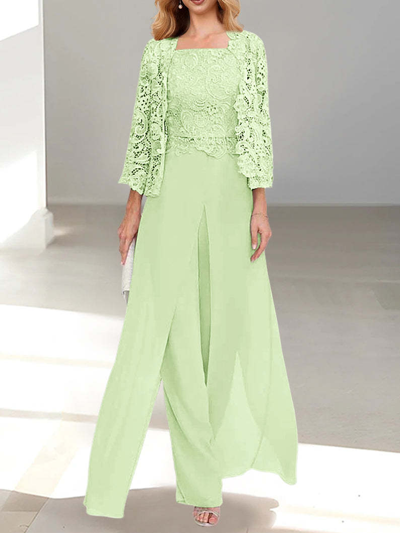 Floor-Length Square Neck Chiffon Mother of the Bride Pantsuit with Jacket & Side Split-BMbridal