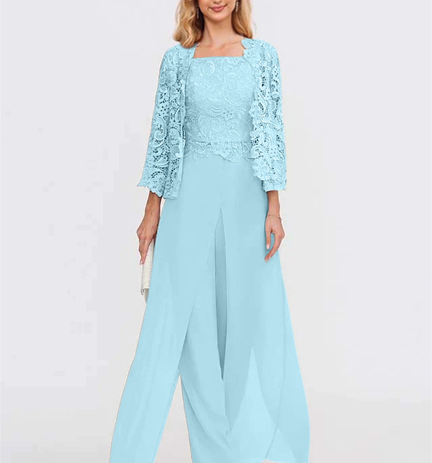 Floor-Length Square Neck Chiffon Mother of the Bride Pantsuit with Jacket & Side Split-BMbridal