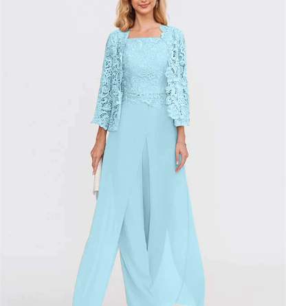 Floor-Length Square Neck Chiffon Mother of the Bride Pantsuit with Jacket & Side Split-BMbridal