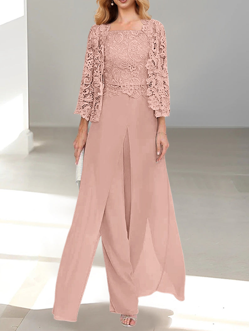 Floor-Length Square Neck Chiffon Mother of the Bride Pantsuit with Jacket & Side Split-BMbridal