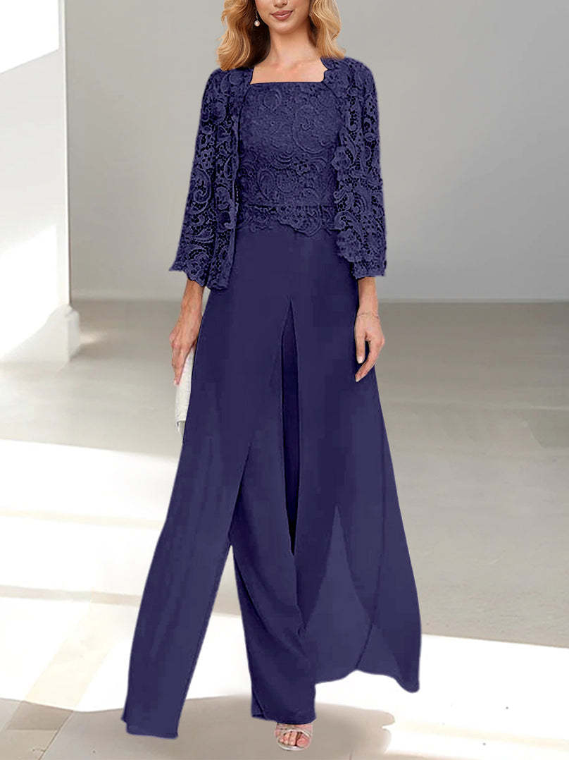 Floor-Length Square Neck Chiffon Mother of the Bride Pantsuit with Jacket & Side Split-BMbridal