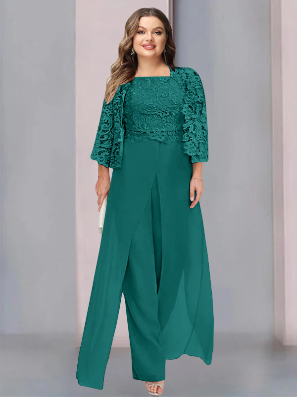 Plus Size Floor-Length Chiffon Pantsuit for the Mother of the Bride with Square Neck and Side Split-BMbridal